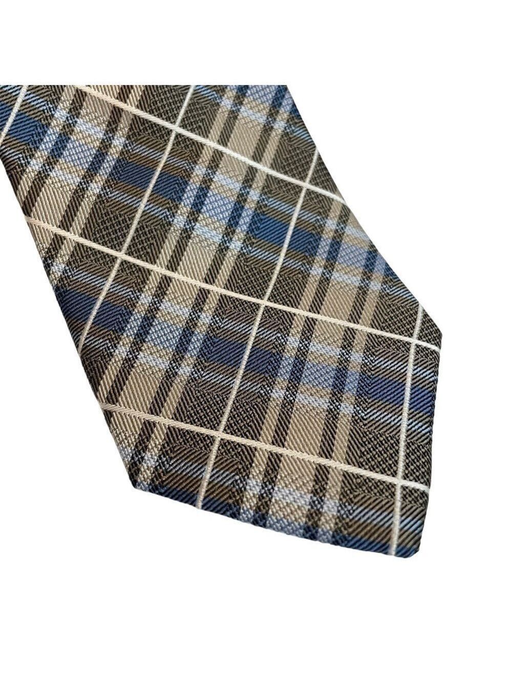 Joseph Abboud Silk Tie Plaid Neutrals Blue Brown Office Business Career EUC